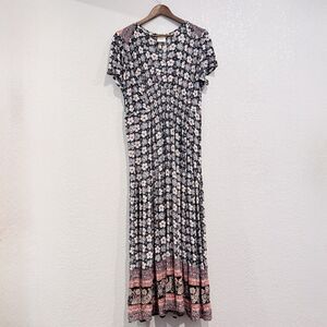 Knox Rose Boho Floral Maxi Dress Short Sleeve Smocked Waist Size Large Black